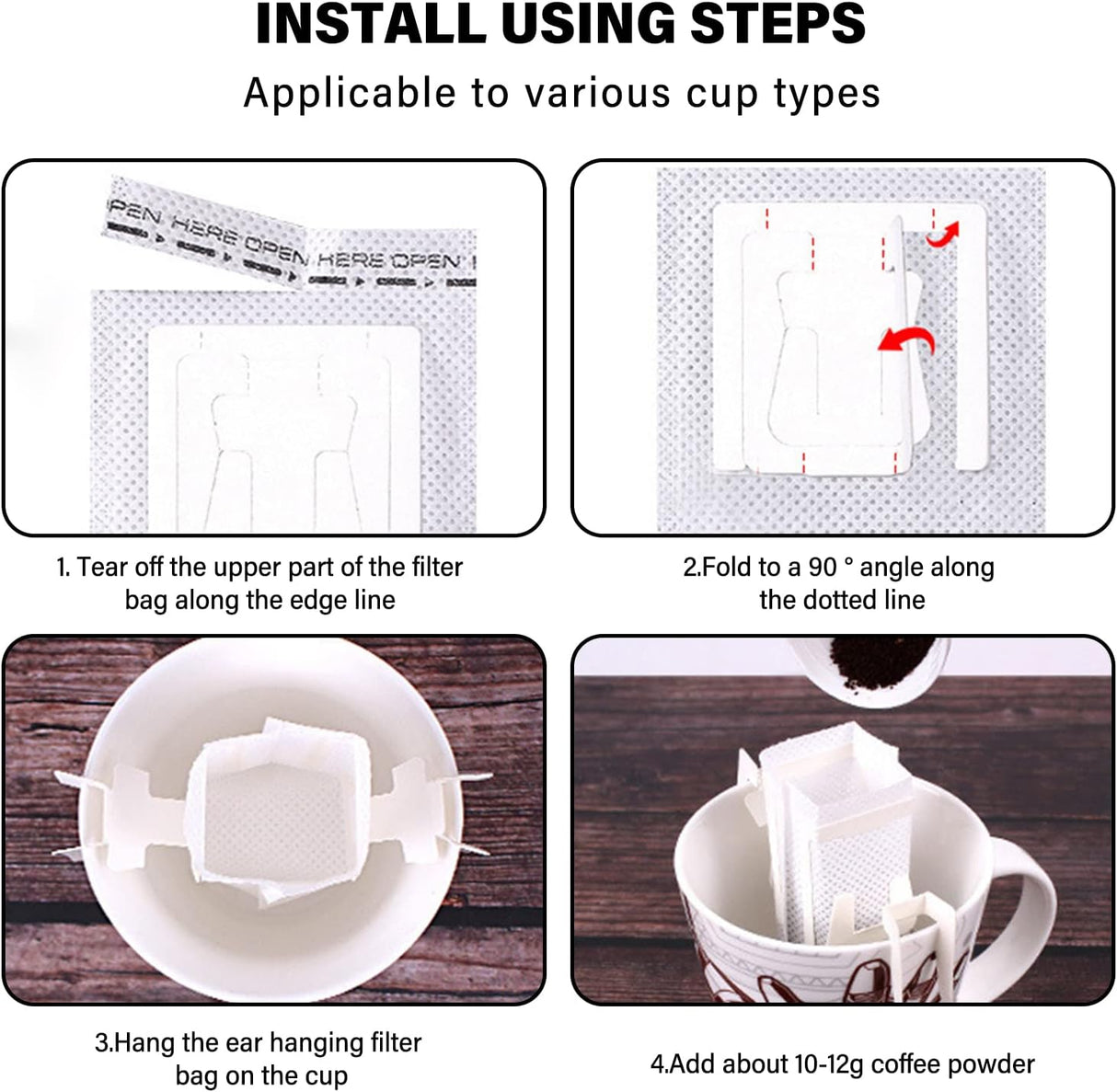 Coffee Filter Bags - with Hanging Loop - Portable Paper Coffee Filters for Most Cups - Travel, Camping, Home, Office - Pack of 100