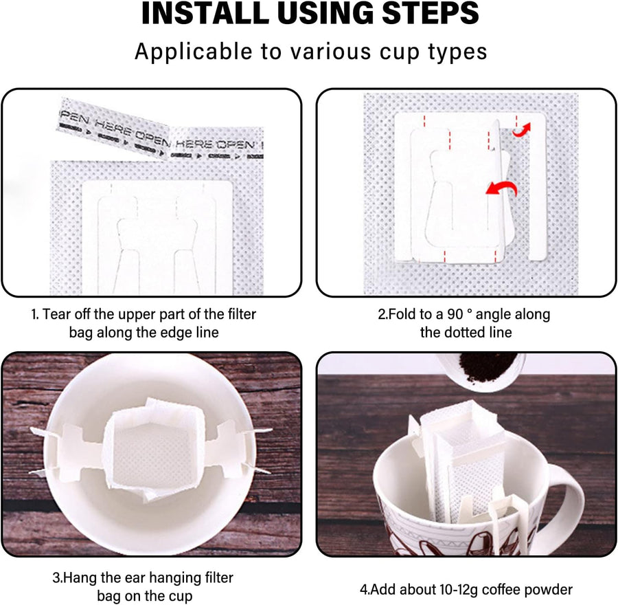 Coffee Filter Bags - with Hanging Loop - Portable Paper Coffee Filters for Most Cups - Travel, Camping, Home, Office - Pack of 100