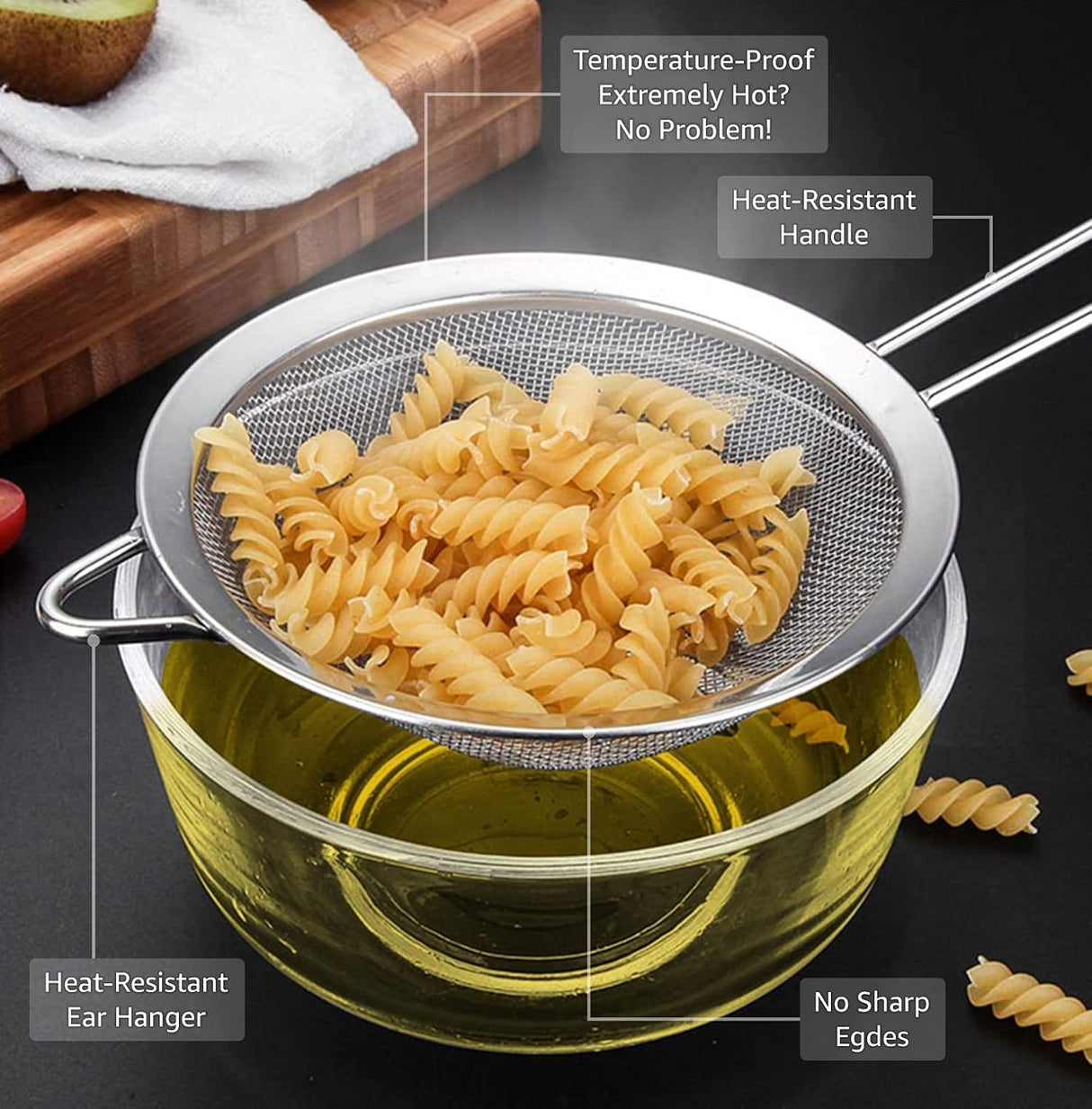 Strainers - Marine Grade Stainless Steel - Fine Mesh - Heat Resistant - No Sharp Edges - Corrosion Resistant - Pack of 3 (8cm, 12cm & 18cm)