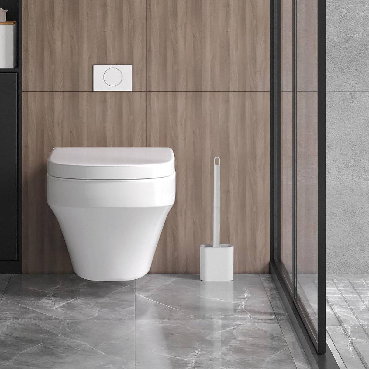 Toilet brush and holder - Deep cleaning silicone toilet brush - Flat toilet brush with long handle - Quick-drying toilet brush and holder - For bathroom - Floor/wall mounted - White - 11*8.5*13.8cm