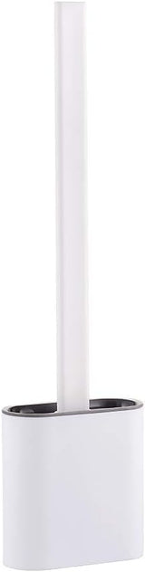 Toilet brush and holder - Deep cleaning silicone toilet brush - Flat toilet brush with long handle - Quick-drying toilet brush and holder - For bathroom - Floor/wall mounted - White - 11*8.5*13.8cm - Side View