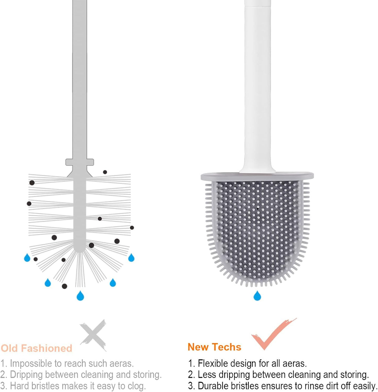Toilet brush and holder - Deep cleaning silicone toilet brush - Flat toilet brush with long handle - Quick-drying toilet brush and holder - For bathroom - Floor/wall mounted - White - 11*8.5*13.8cm