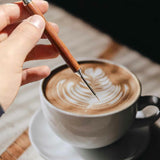 Coffee Latte Art Needle - 304 Stainless Steel Coffee Art Pen - Cappuccino Engraving Pen Double Head - Stainless Steel Espresso Tool - For Latte Decoration - With Wooden Handle - Front View