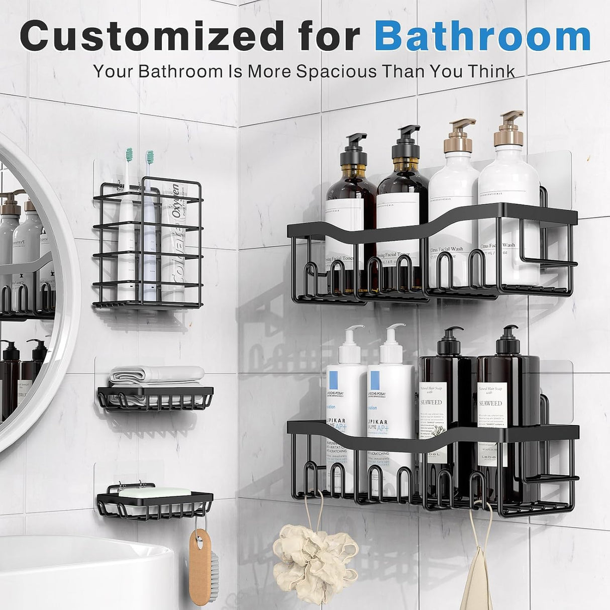 Self-Adhesive Shower Shelf - Rust-Resistant Stainless Steel Bathroom Organizer - No Drilling Required - Perfect for Bathroom Storage and Home Decor - XL - 5-Pack