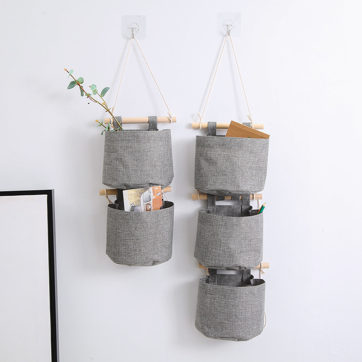 Hanging Storage Bag with Pockets - Hanging Storage Bag in Cotton and Linen - Over-the-Door Wall Organizer - Suitable for Bedroom and Bathroom - 3 Layers - Gray
