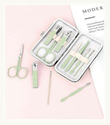 Manicure Set - Nail Clipper Set - Pedicure Care Tools - Travel Beauty Tools Made of Stainless Steel - 7 Pieces - Green - Top-Down View