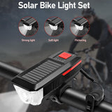 Bicycle Light - Rechargeable Solar Bike Light with 120dB Horn and 1500mAh Battery - USB and Solar Powered Rechargeable, 3 Lighting Modes and 4 Flashing Modes - Waterproof and Durable Bicycle Light for Front and Rear Light - Front View
