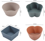 24 Pack Reusable Silicone Cupcake Moulds, Round Square and Heart Baking Cups for Muffins, Cakes and Desserts, Assorted Colours