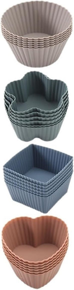 24 Pack Reusable Silicone Cupcake Moulds, Round Square and Heart Baking Cups for Muffins, Cakes and Desserts, Assorted Colours