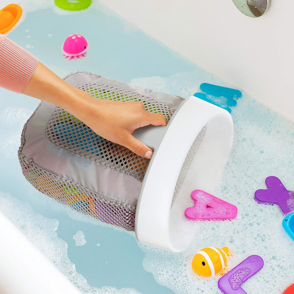Toy Storage Bag Bathroom Rack Storage Bag for Bathroom with Quick Dry Net, Super Strong Suction Cup, Easy to Attach to Tiles and Bath Wall - Gray