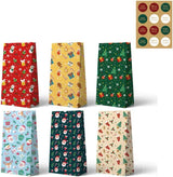 Paper Gift Bags – Christmas Gift Bags – 24 Count Christmas Gift Bags – Kraft Paper Christmas Bags with Festive Designs – Perfect for Small Presents, Sweets & Party Favors – With Stickers for Easy Sealing