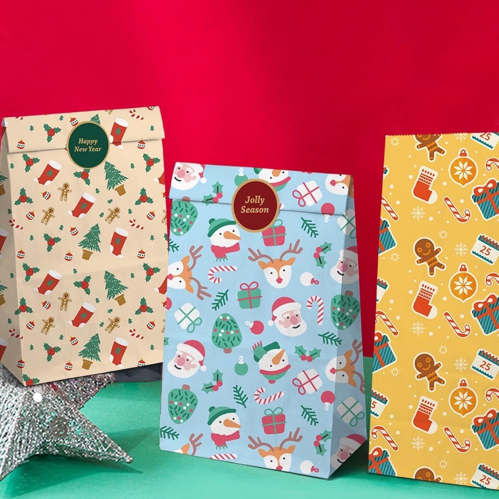 Paper Gift Bags – Christmas Gift Bags – 24 Count Christmas Gift Bags – Kraft Paper Christmas Bags with Festive Designs – Perfect for Small Presents, Sweets & Party Favors – With Stickers for Easy Sealing