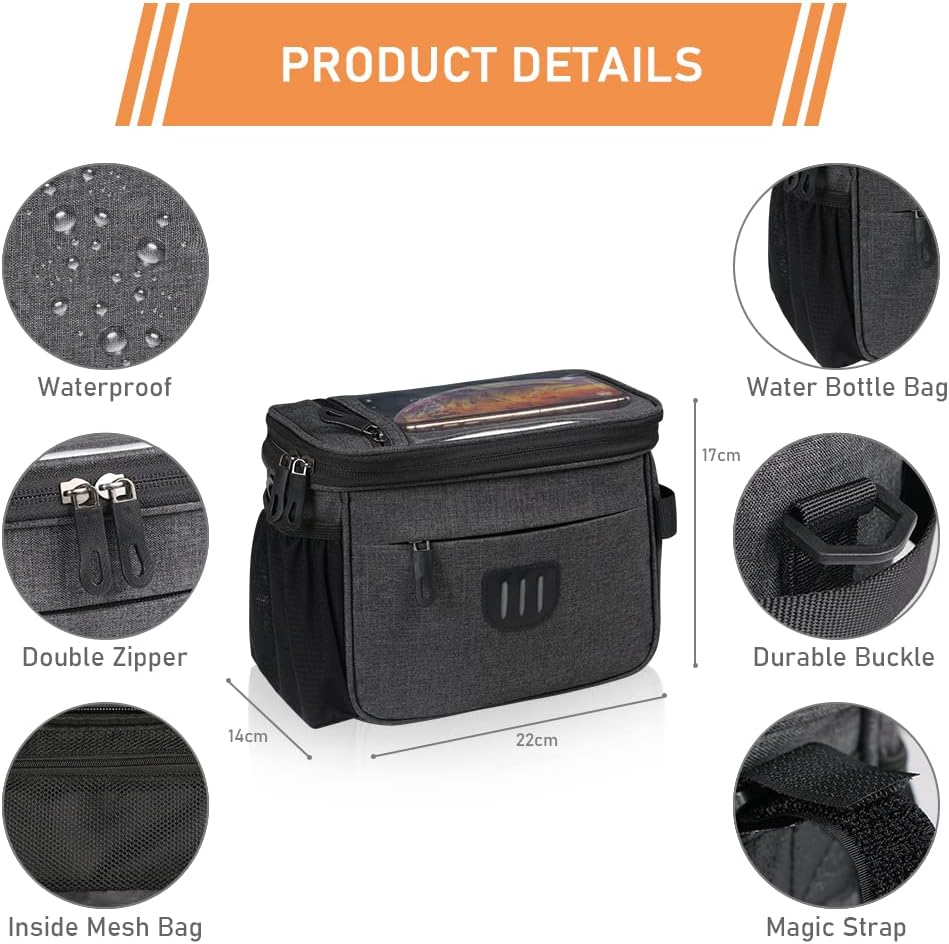 Waterproof Bicycle Frame Bag with Touchscreen Phone Holder, Large Capacity Top Tube Storage Pouch for Road and MTB Bikes, Black