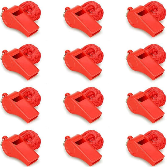 12 Pack Plastic Safety Whistles with Lanyards, Loud Emergency Signal Whistles for Sports, School, Outdoor Travel and Events, Red