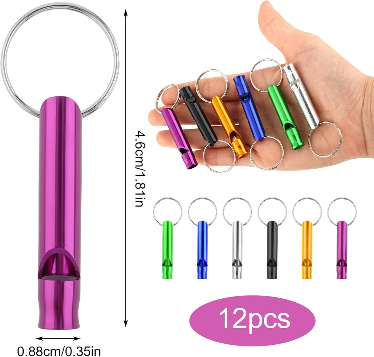 12 Pack Metal Referee Whistles with Keyrings, Loud Signal Whistles for Sports, School, Coaching, Events and Outdoor Use, Assorted Colours