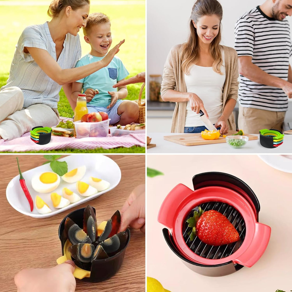 3-in-1 Egg Slicer with Egg Separator and Stainless Steel Cutting Wires, Compact Kitchen Tool for Eggs and Soft Fruit, Red, Yellow, Blue