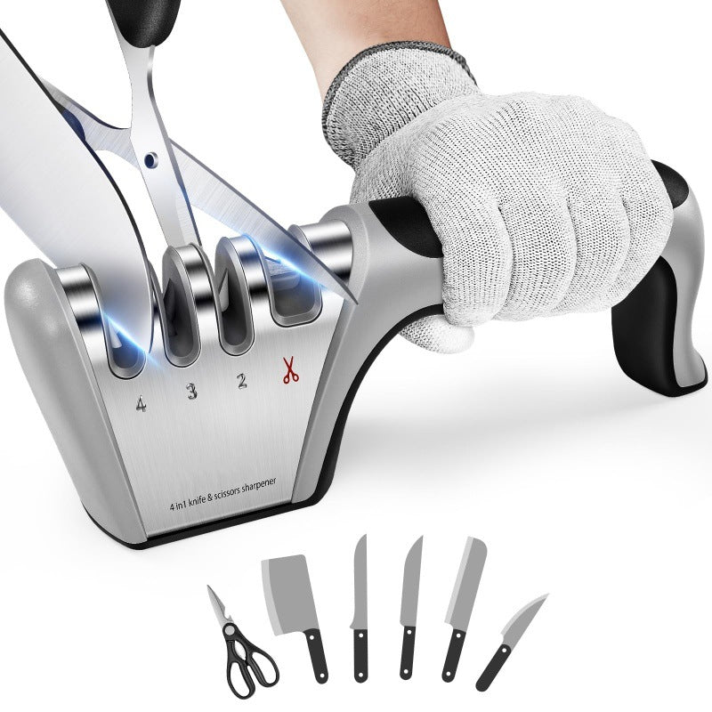 4-in-1 Knife Sharpener - Professional with Scissor Sharpener - 4-Position Pull-Through Sharpener for Kitchen Knives