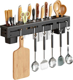 Stainless Steel Kitchen Rack No Drilling - Kitchen Rail with 6 Hooks - Self-Adhesive Hanging System - Kitchen Utensil Holder - Black