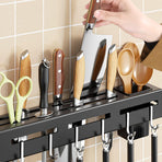 Stainless Steel Kitchen Rack No Drilling - Kitchen Rail with 6 Hooks - Self-Adhesive Hanging System - Kitchen Utensil Holder - Black