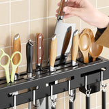 Stainless Steel Kitchen Rack No Drilling - Kitchen Rail with 6 Hooks - Self-Adhesive Hanging System - Kitchen Utensil Holder - Black - Top-Down View