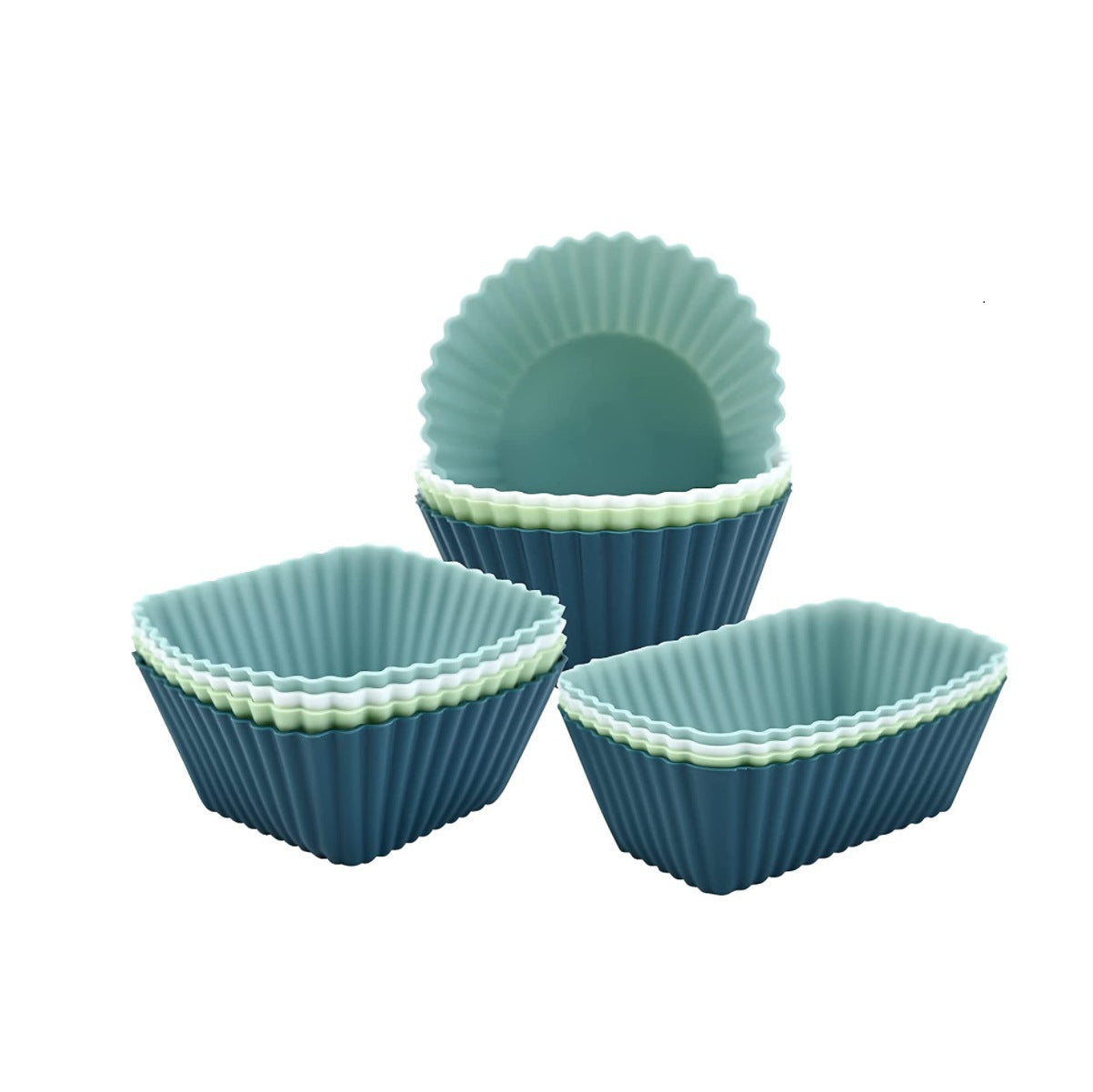 12 Pack Reusable Silicone Muffin Moulds, Round Square and Rectangle Baking Cups for Cupcakes and Desserts, Blue