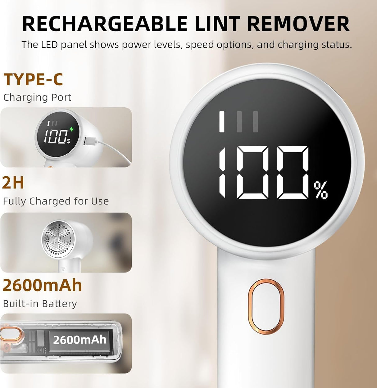 Electric Lint Remover - Rechargeable Lint Shaver - With LED Display - 3 Speeds - Sweater Depiller - White