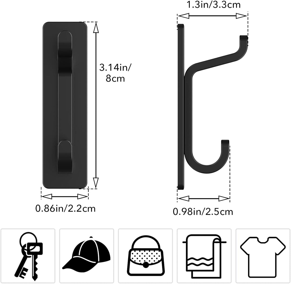 6 Pack Self-Adhesive Towel Hooks, No-Drill Wall Hooks for Towels, Robes and Bags in Bathroom, Kitchen and Entryway, Black