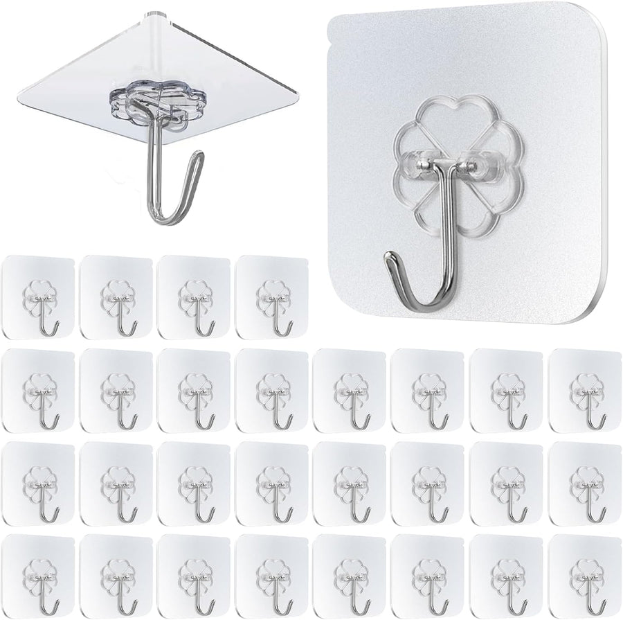 30 Pack Transparent Self-Adhesive Wall Hooks, No-Drill Towel and Utility Hooks for Bathroom, Kitchen and Bedroom