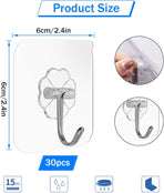 30 Pack Transparent Self-Adhesive Wall Hooks, No-Drill Towel and Utility Hooks for Bathroom, Kitchen and Bedroom