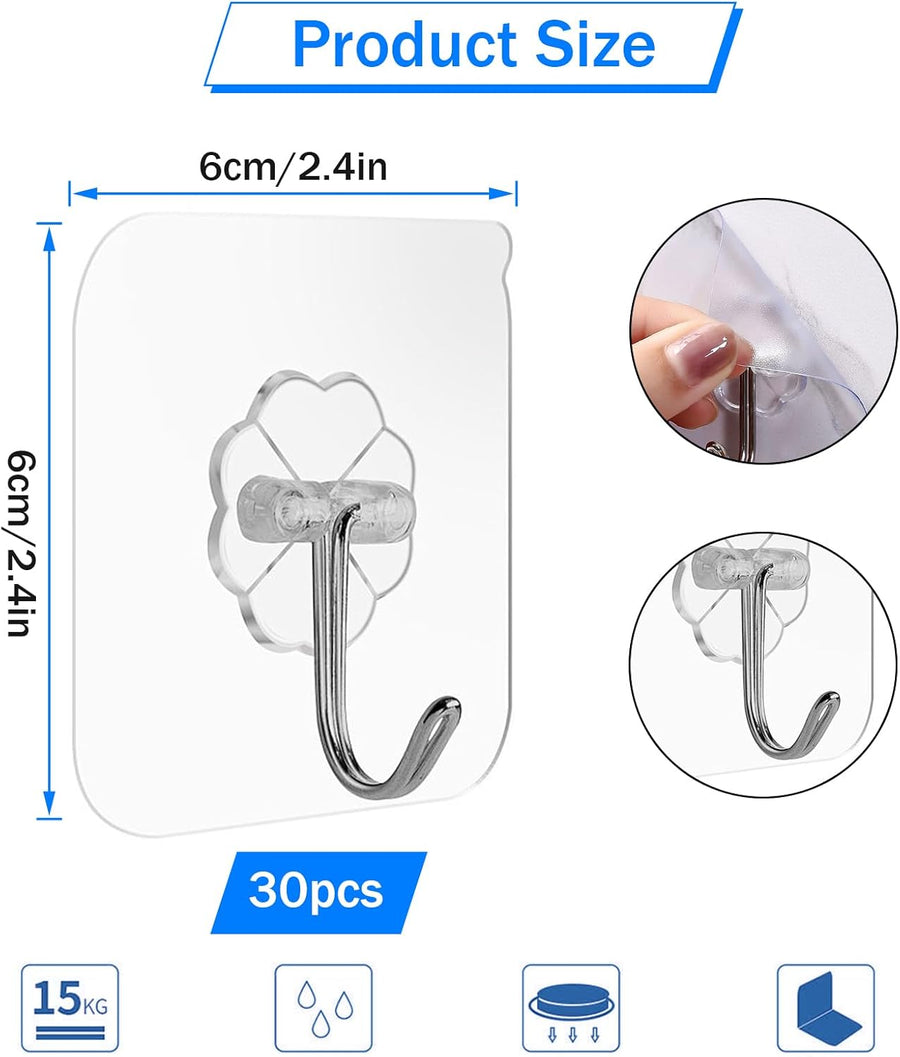 30 Pack Transparent Self-Adhesive Wall Hooks, No-Drill Towel and Utility Hooks for Bathroom, Kitchen and Bedroom