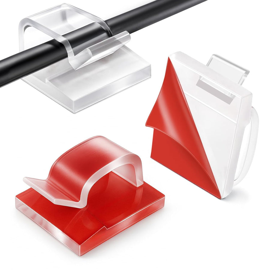 60 Pack Transparent and Red Self-Adhesive Cable Clips, Cable Holders for String Lights and Indoor Cable Management