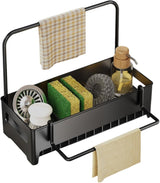 Kitchen Sink Organiser with Towel Rail, Countertop Sponge Holder and Draining Storage Rack for Brushes and Cloths, Black