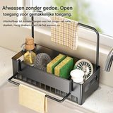 Kitchen Sink Organiser with Towel Rail, Countertop Sponge Holder and Draining Storage Rack for Brushes and Cloths, Black - Front View