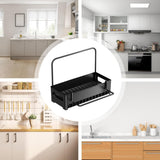 Kitchen Sink Organiser with Towel Rail, Countertop Sponge Holder and Draining Storage Rack for Brushes and Cloths, Black