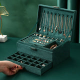 Velvet Jewelry Box with Lock - 3 Layers - Large Jewelry Organizer for Women - With Drawers & Compartments - Green