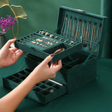 Velvet Jewelry Box with Lock - 3 Layers - Large Jewelry Organizer for Women - With Drawers & Compartments - Green - Top-Down View