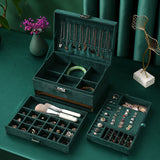 Velvet Jewelry Box with Lock - 3 Layers - Large Jewelry Organizer for Women - With Drawers & Compartments - Green - 45-Degree Angle
