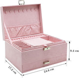 Velvet Jewelry Box with Lock - 3 Layers - Large Jewelry Organizer for Women - With Drawers & Compartments - Pink - Front View