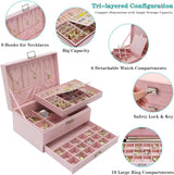 Velvet Jewelry Box with Lock - 3 Layers - Large Jewelry Organizer for Women - With Drawers & Compartments - Pink - Side View