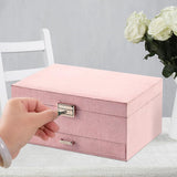 Velvet Jewelry Box with Lock - 3 Layers - Large Jewelry Organizer for Women - With Drawers & Compartments - Pink - Top-Down View