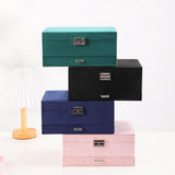 Velvet Jewelry Box with Lock - 3 Layers - Large Jewelry Organizer for Women - With Drawers & Compartments - Pink - 45-Degree Angle