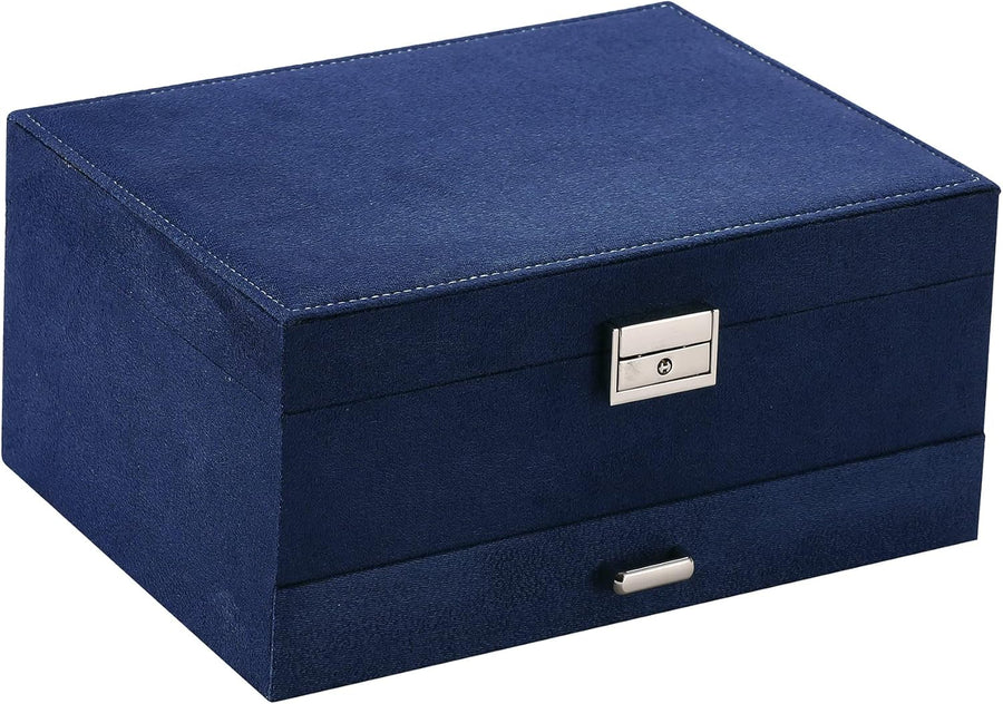 Velvet Jewelry Box with Lock - 3 Layers - Large Jewelry Organizer for Women - With Drawers & Compartments - Blue