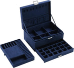 Velvet Jewelry Box with Lock - 3 Layers - Large Jewelry Organizer for Women - With Drawers & Compartments - Blue