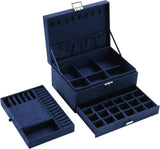 Velvet Jewelry Box with Lock - 3 Layers - Large Jewelry Organizer for Women - With Drawers & Compartments - Blue - Side View