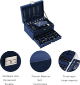 Velvet Jewelry Box with Lock - 3 Layers - Large Jewelry Organizer for Women - With Drawers & Compartments - Blue - Top-Down View