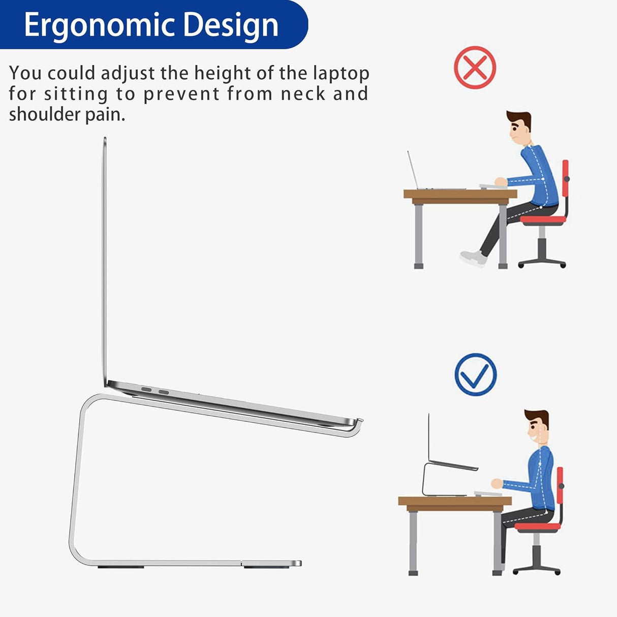 Ergonomic Aluminum Laptop Stand - Removable & Height Adjustable - Suitable for 10-14 inch Notebooks - Metal Silver