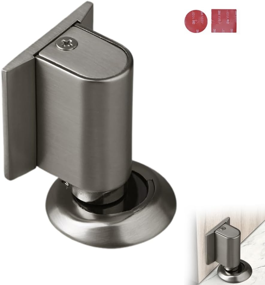 Magnetic Door Stopper Floor Gray - No Drilling - Self-adhesive - Metal - Including Raising Disc