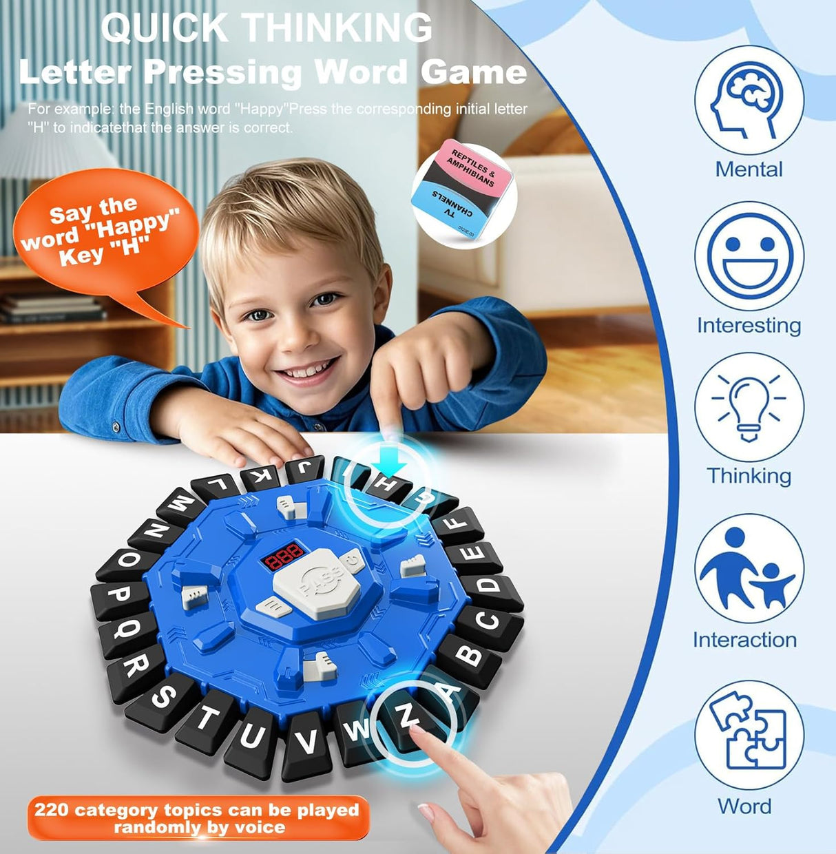 Board Game - 24-Letter Press Game - Fun and Fast Puzzle Game - Includes Two Modes - Covers 220 Theme Categories - Suitable for boys and girls aged 3 and up (2-8 players) - Word Game for Kids and Adults, Christmas and Birthday Gift - Blue