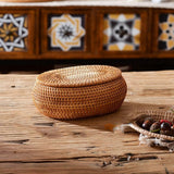 Handwoven Rattan Storage Basket with Lid, Multipurpose Tea and Bread Box for Kitchen, Bathroom, Picnic and Desk Organisation, Natural