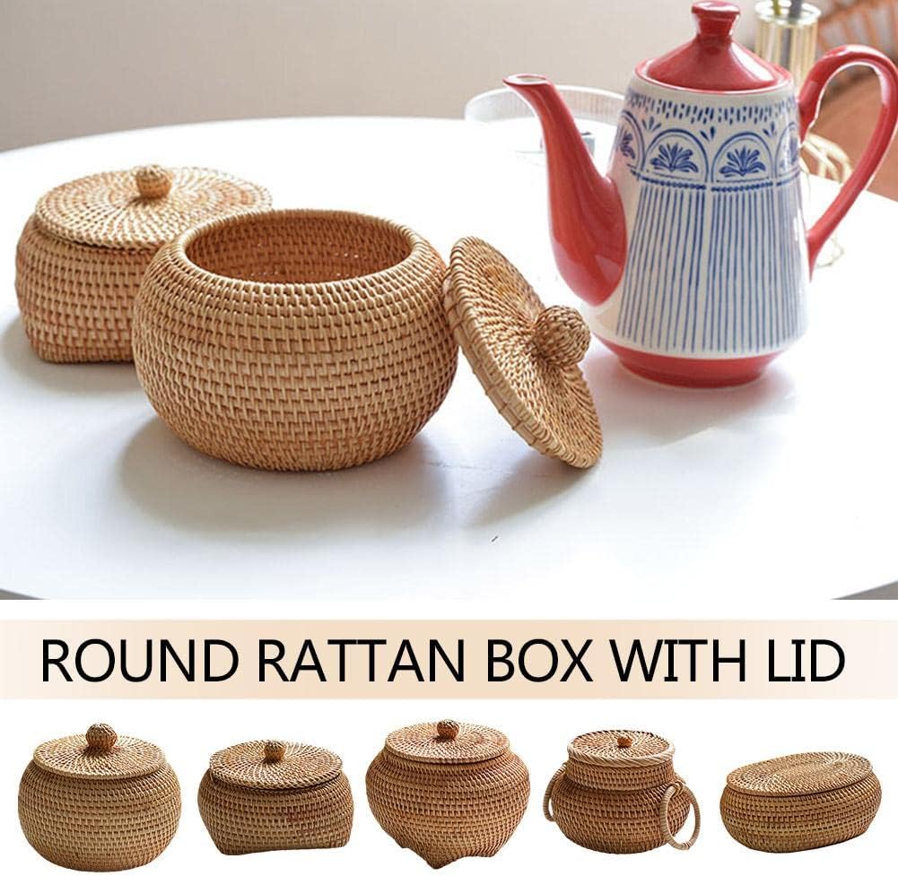 Handwoven Rattan Storage Basket with Lid, Multipurpose Tea and Bread Box for Kitchen, Bathroom, Picnic and Desk Organisation, Natural